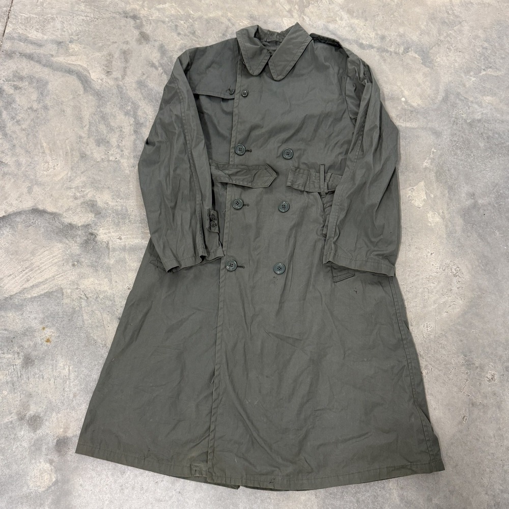 US Military Trench Coat Mens 36R Green Vintage Double Breasted Belted Overcoat